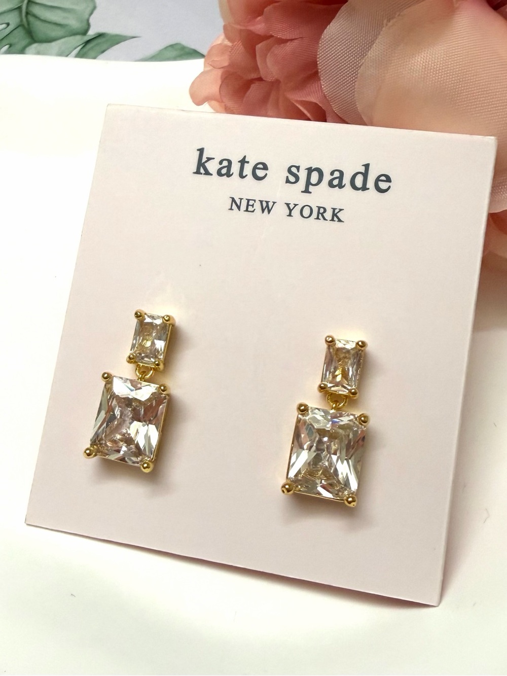 kate spade Gold-tone Clear Crystal Double Drop Earrings